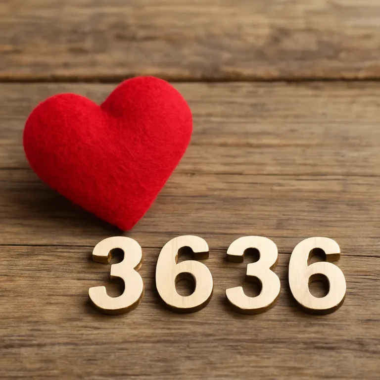 A soft red fabric heart rests beside beige wooden numbers "3636" on a rustic wooden surface, symbolizing love and angel number energy.