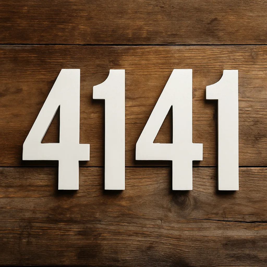 A photograph presents the number 4141 displayed in large white block digits on a rustic wooden surface.