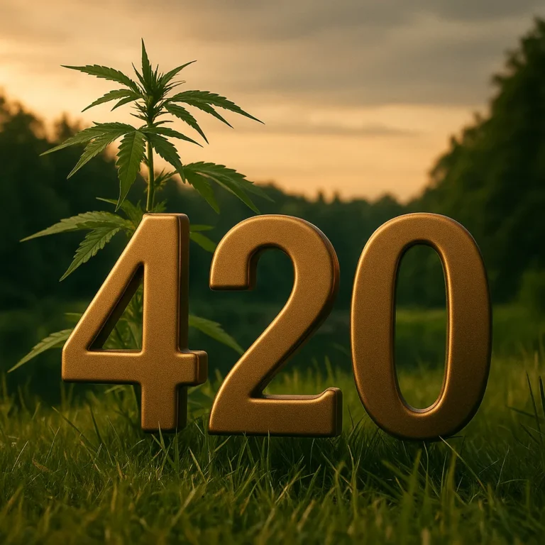 Golden metallic numerals 420 standing on grass beside a cannabis plant under a warm sunset sky