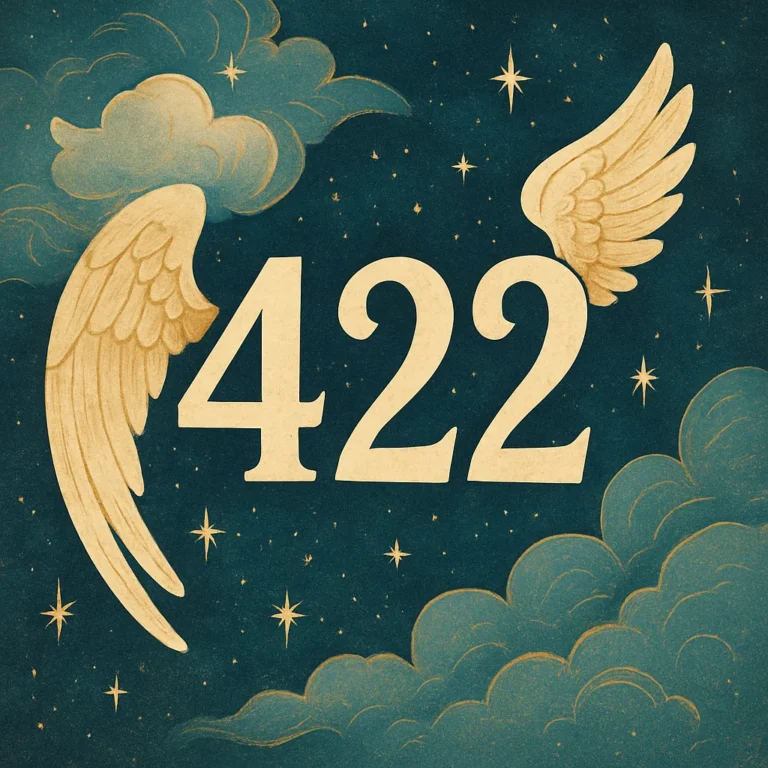 Angel number 422 displayed in large cream-colored numbers with golden angel wings, surrounded by soft blue clouds and starry cosmic background.