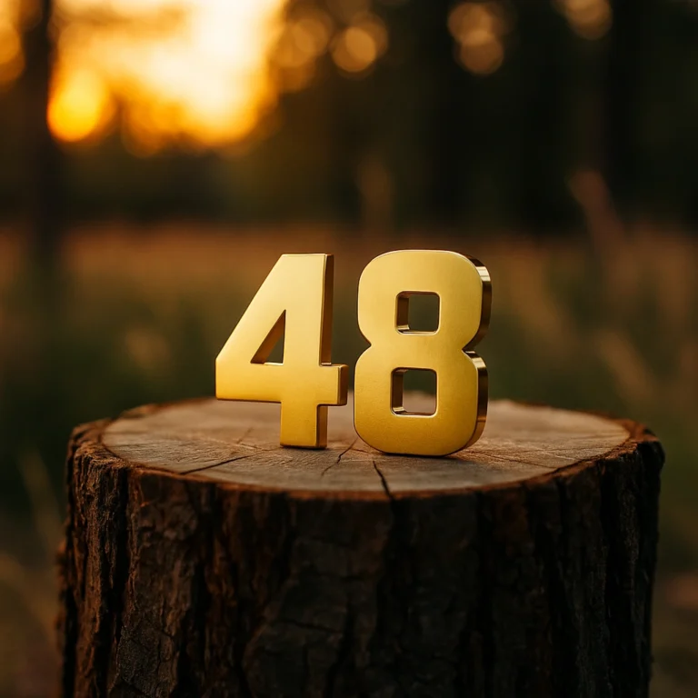 Gold numerals "48" placed on a weathered tree stump, glowing in warm sunset light with a softly blurred forest background.