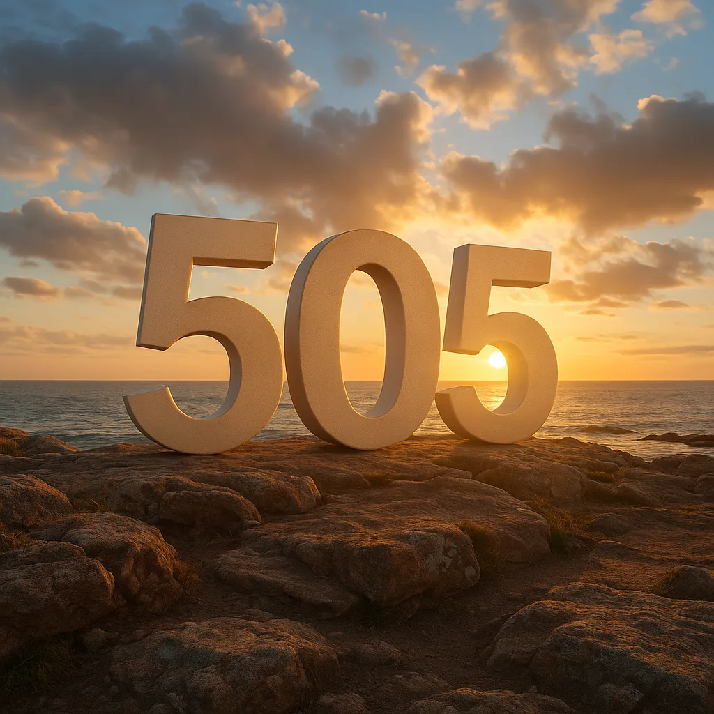 Large beige number 505 standing on rocky coastal cliffs at sunset, with glowing sunlight and ocean waves in the background.