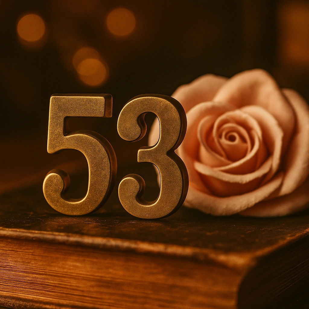 A photograph features the number "53" crafted from weathered brass, standing on a vintage wooden book with a soft pink rose beside it, bathed in warm light.