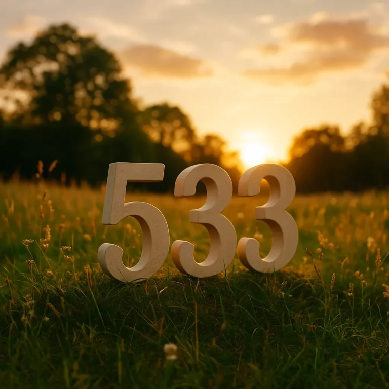 Beige number 533 standing in a sunlit meadow at sunset, surrounded by tall grass and trees with a glowing orange and blue sky.