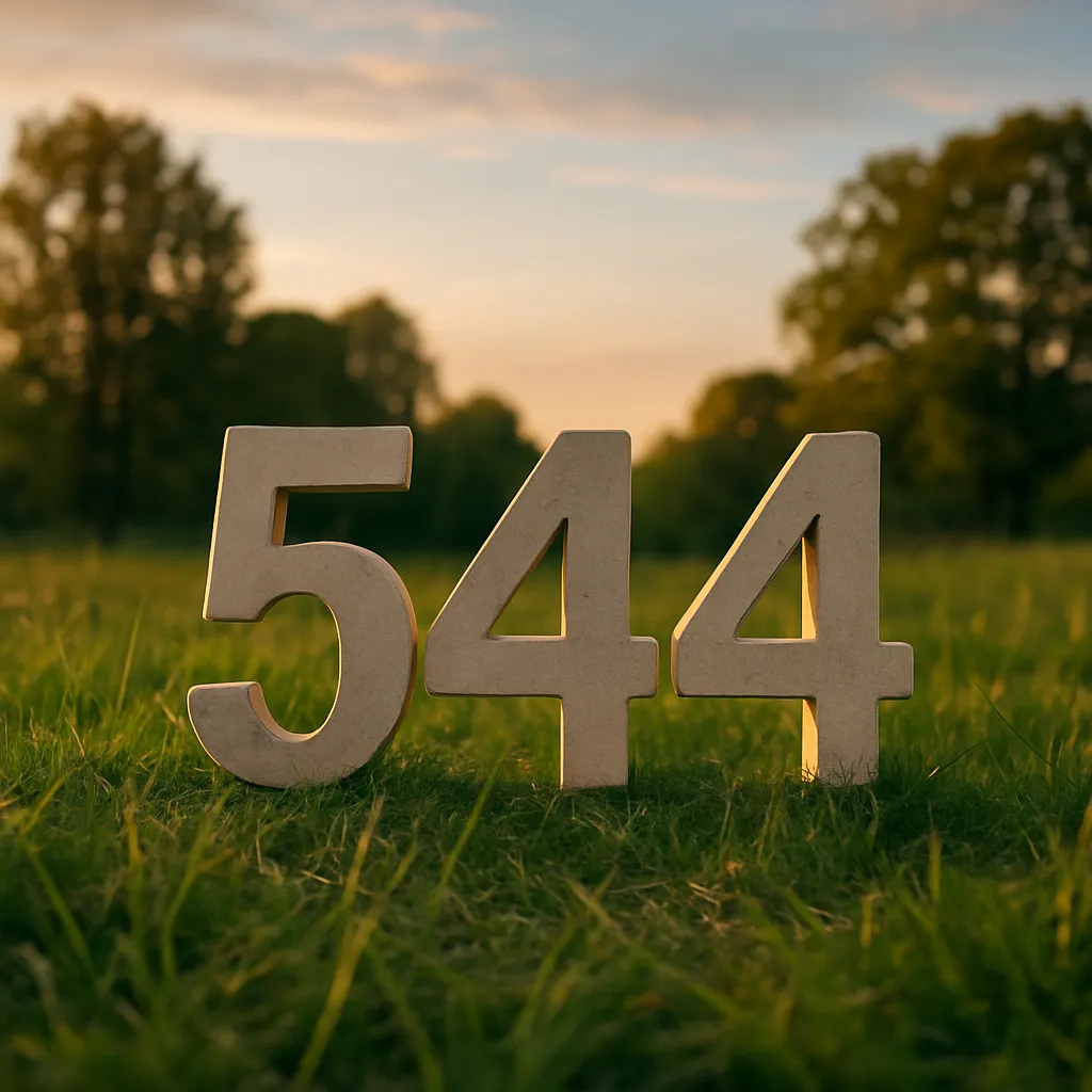 Beige number 544 standing upright in a grassy field at sunset, with soft golden light, trees in the background, and a warm peaceful atmosphere.