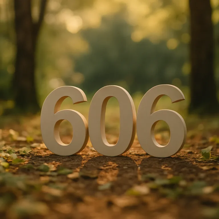 Beige number 606 standing on a sunlit forest floor, surrounded by leaves and trees with soft golden light filtering through the background.