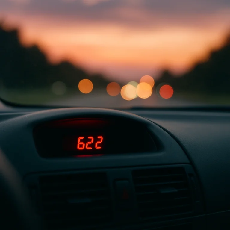 A close-up view inside a car showing the digital clock reading "622" illuminated in red, with a blurred sunset and road lights in the background.