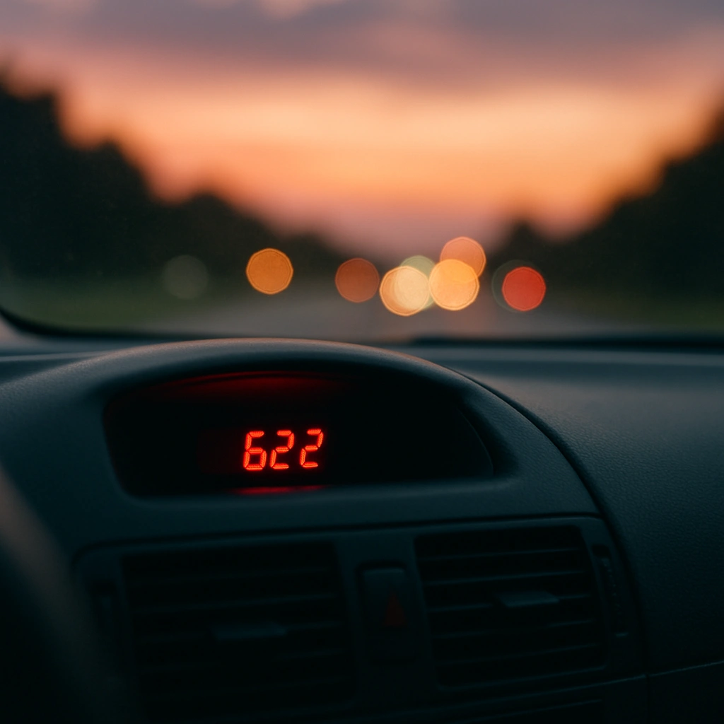 A close-up view inside a car showing the digital clock reading "622" illuminated in red, with a blurred sunset and road lights in the background.