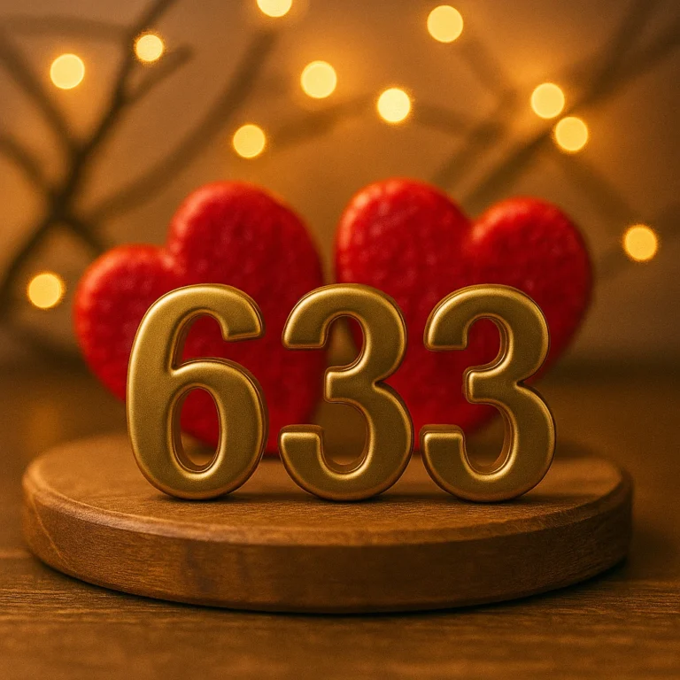 Golden number 633 resting on a reflective glass surface with glowing candlelight and soft shadows in the background, creating a spiritual and serene mood.