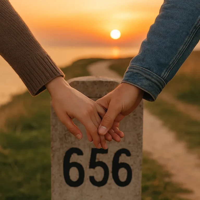 A sunset scene shows two people gently holding hands in front of a mile marker displaying the number 656, with a scenic coastal path in the background.