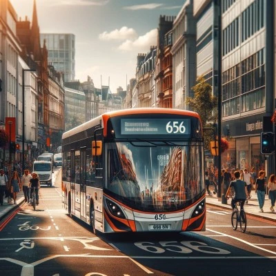 Modern city bus with the number 656 displayed, moving through a bustling urban street, symbolizing journey and connectivity.