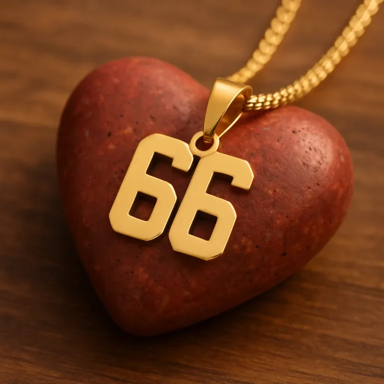 A gold necklace featuring the number 66 pendant rests atop a heart-shaped red stone on a wooden surface, symbolizing love and numerology.