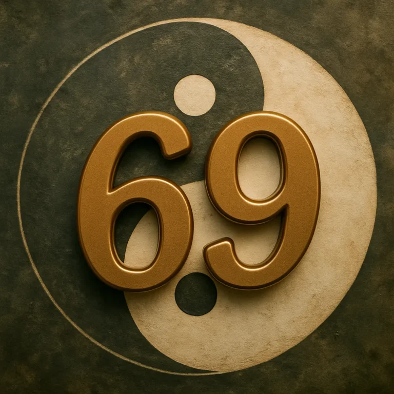 A metallic gold number "69" centered on a textured Yin-Yang background, symbolizing spiritual balance and duality.