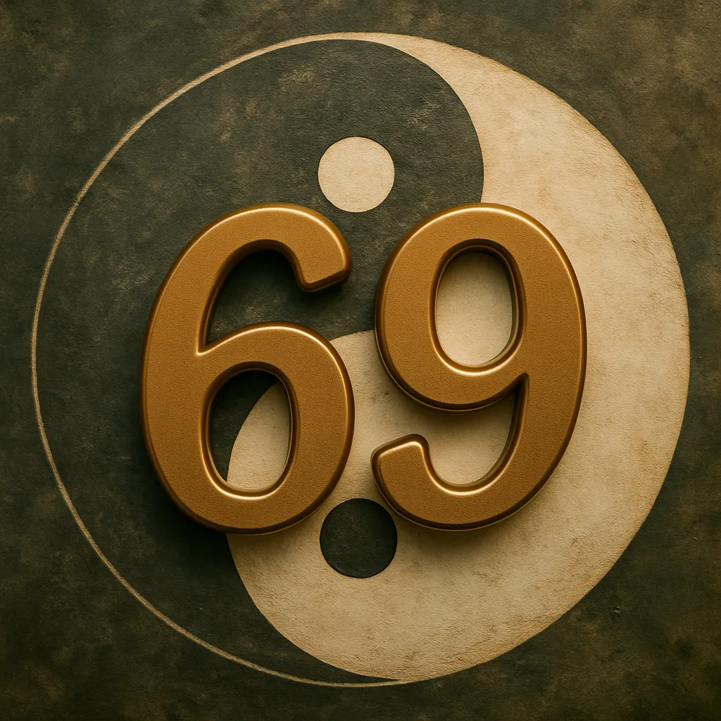 A metallic gold number "69" centered on a textured Yin-Yang background, symbolizing spiritual balance and duality.