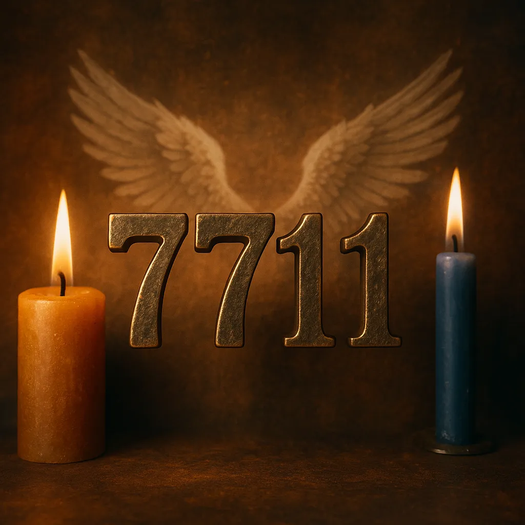 A photograph presents the number "7711" made of aged bronze, centered between two burning candles, with subtle angel wings in the background.