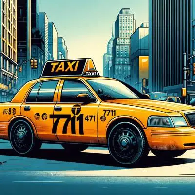 Yellow city taxi with number 7711 on the door, against a bustling urban backdrop, symbolizing spiritual journey and guidance in relationships.