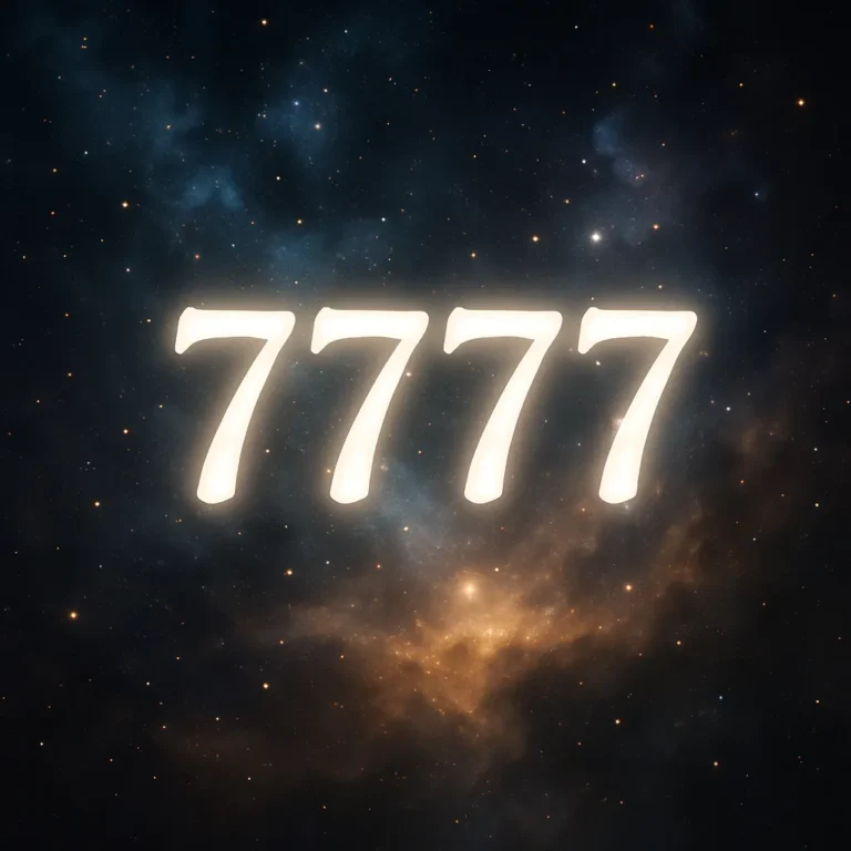 A glowing white "7777" floats in space with stars and nebulae in the background, symbolizing spiritual energy and cosmic alignment.
