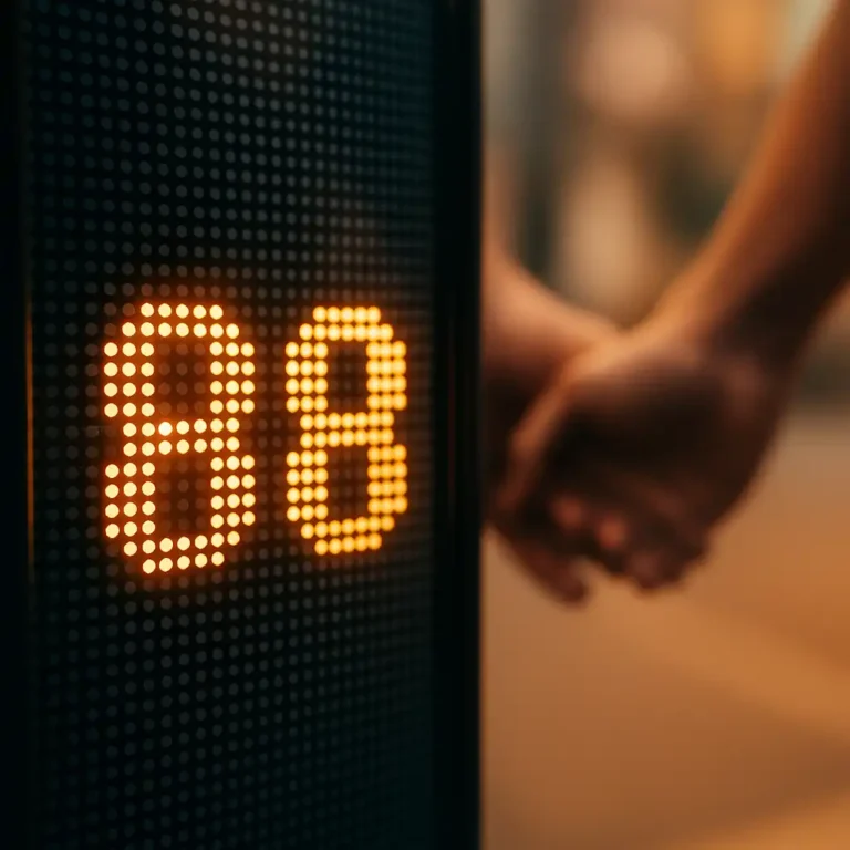 A glowing LED number "88" is displayed on a screen, with two hands gently holding each other in the softly blurred background.