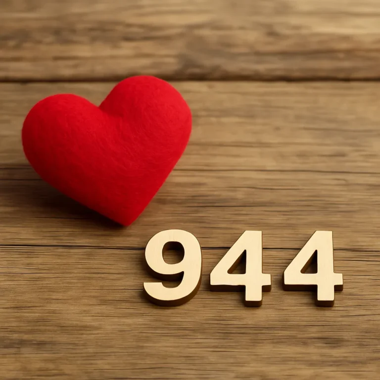 A photograph against a rustic wooden background shows a red plush heart next to wooden numerals forming the number 944.