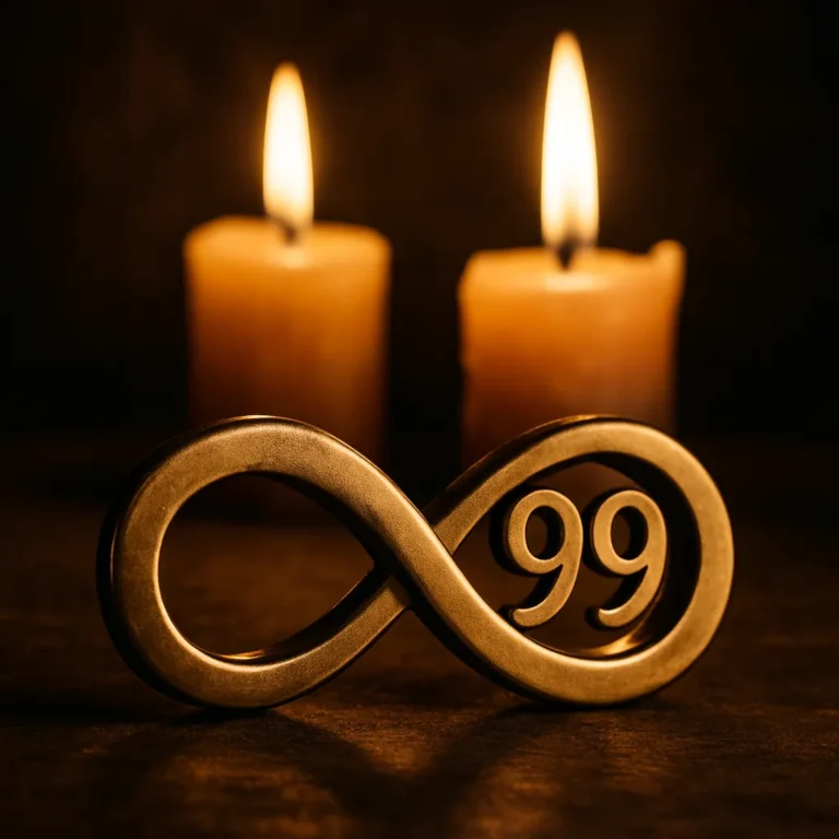 A photograph features a brass infinity symbol with the number 99 embedded in its curve, resting on a wooden surface and softly lit by two glowing candles in the background.