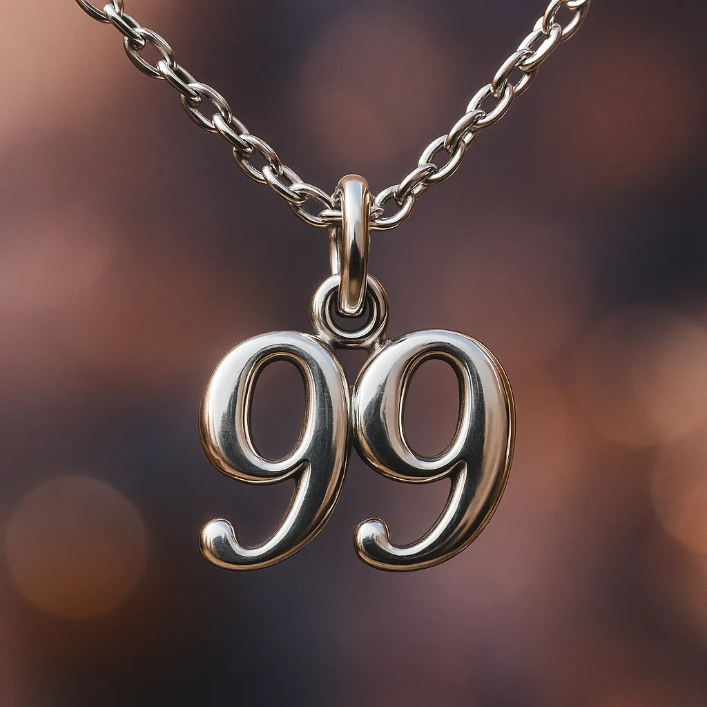 A photograph showcases a silver necklace with a pendant shaped like the number 99, set against a softly blurred, warm-toned background.