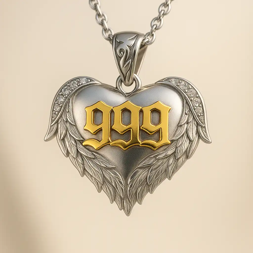 A silver heart-shaped pendant with angel wings and gold gothic-style "999" in the center, hanging from a chain on a soft beige background.