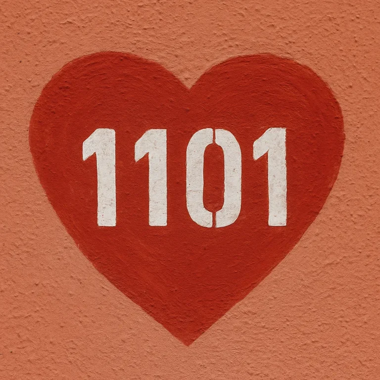 A photograph features the number 1101 painted in bold white on a red heart, centered on a textured orange wall.