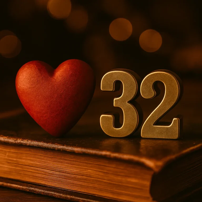 A photograph captures a close-up of a heart-shaped object and golden number "32" figures placed on a vintage wooden book, with a soft bokeh light background.