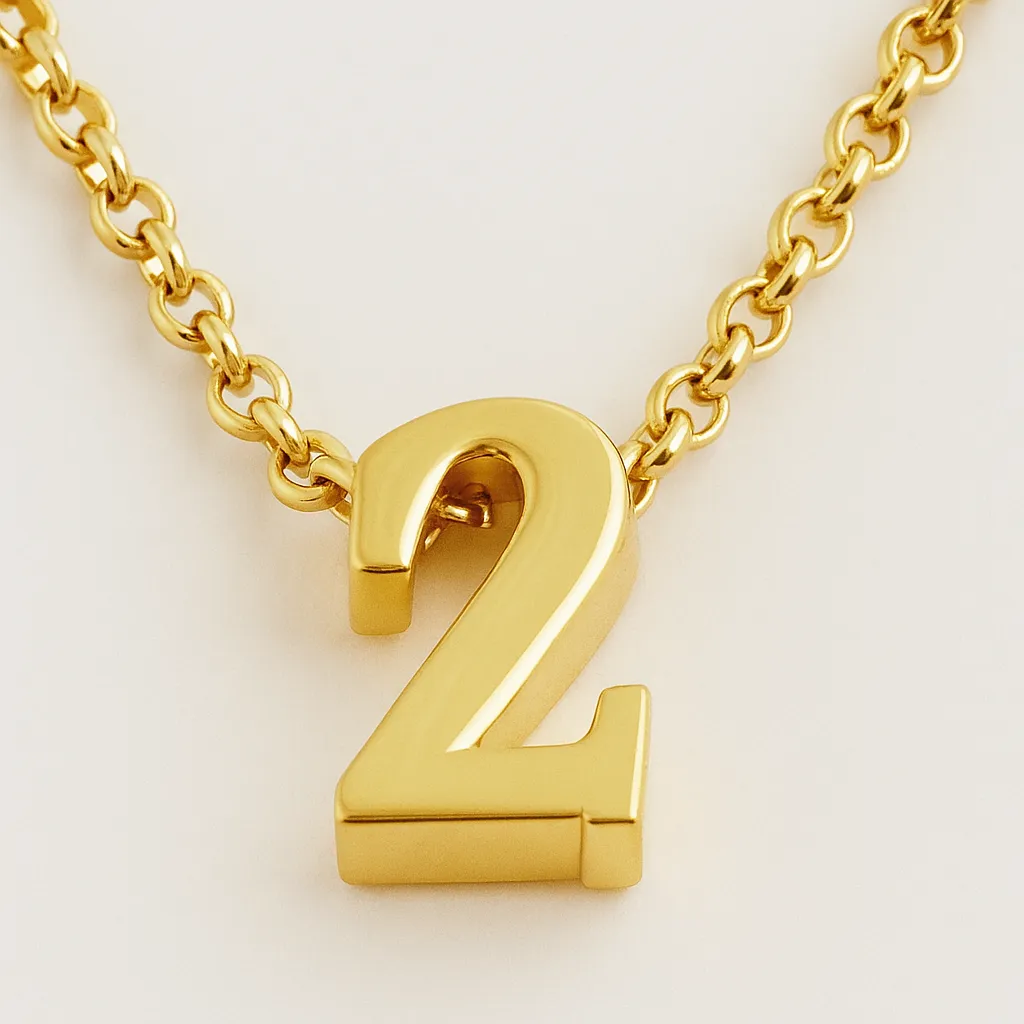 A gold number 2 pendant hangs from a polished chain, displayed against a soft off-white background with warm lighting that highlights its shine.