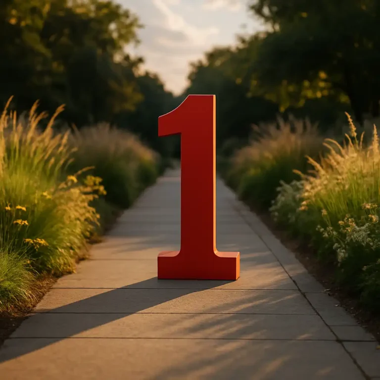 A bold red number 1 stands centered on a sunlit stone pathway, surrounded by lush green grasses and flowering plants, under a softly glowing sky.