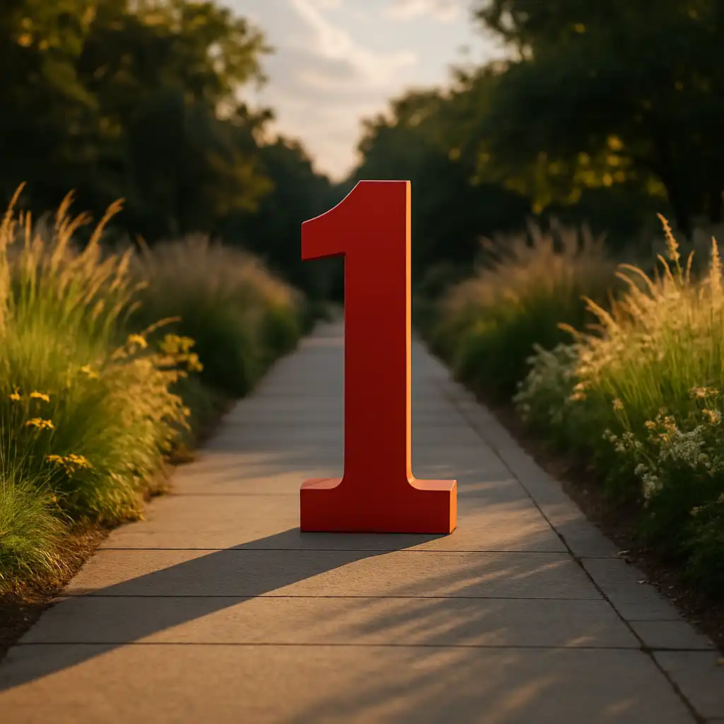 A bold red number 1 stands centered on a sunlit stone pathway, surrounded by lush green grasses and flowering plants, under a softly glowing sky.