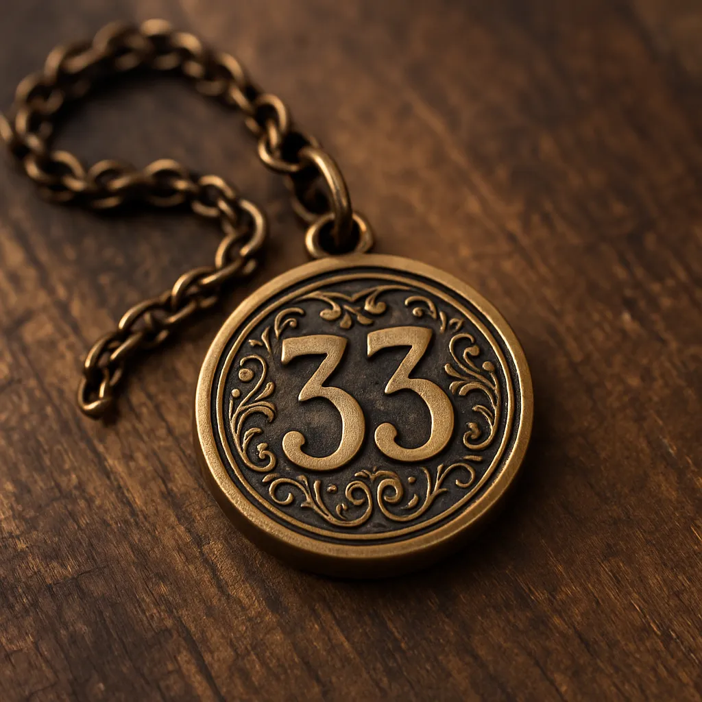 Vintage bronze pendant engraved with the number 33, featuring ornate floral detailing, displayed on a wooden surface with a bronze chain.