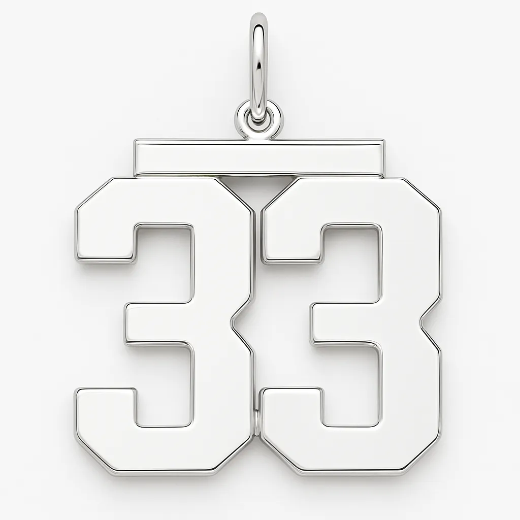 Polished silver pendant shaped as the number 33, featuring bold block-style numerals with a shiny finish, displayed against a white background.

