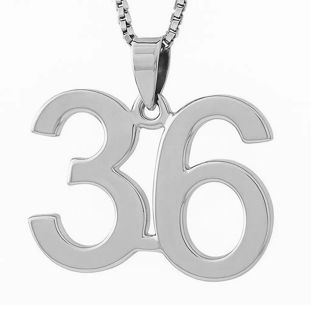 A photograph features a silver pendant shaped into the number 36, hanging from a polished chain against a plain white background.