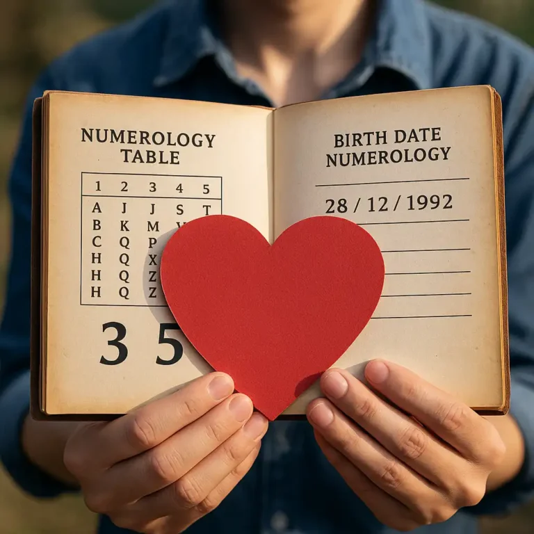 A person holding an open numerology book with a red heart cutout placed on the pages showing a numerology chart and a birth date.