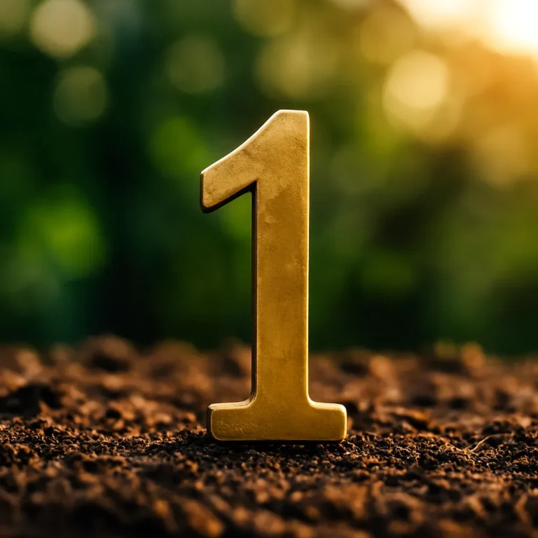 A photograph captures a brass-colored number "1" standing upright on textured soil, with soft sunlight and green foliage in the blurred background.