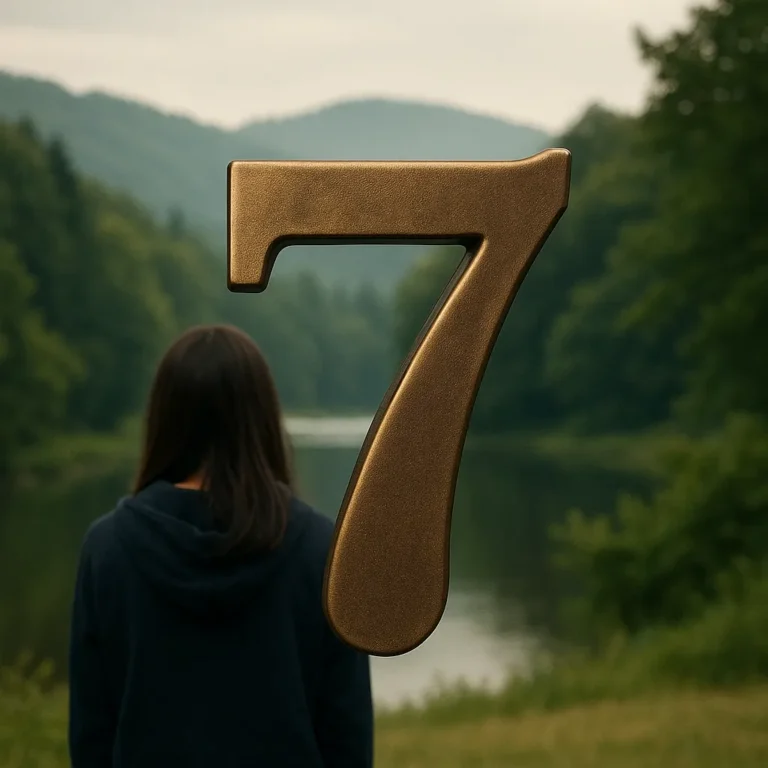 A bronze number 7 stands prominently against a textured stone background, illuminated by soft ambient lighting.