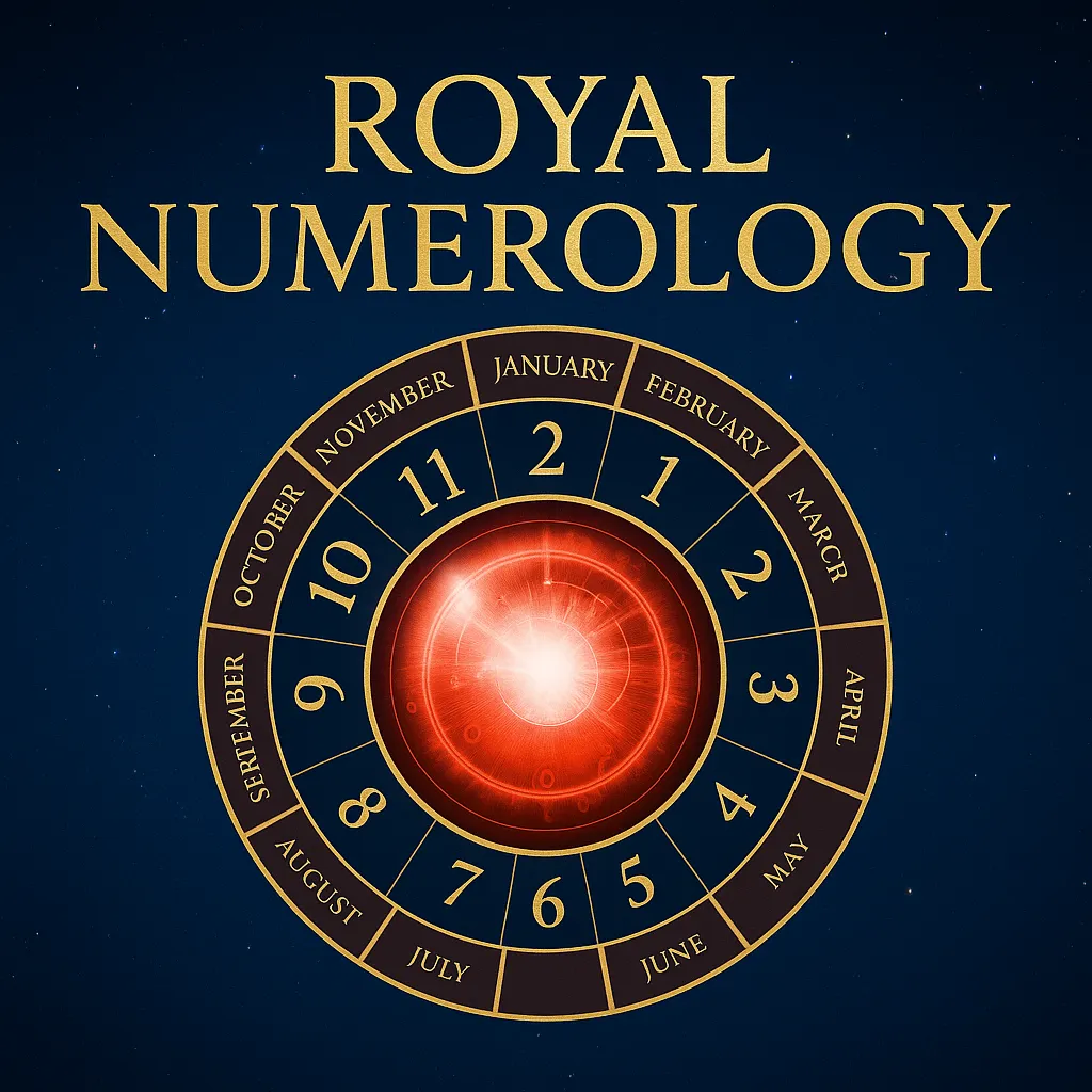 A digital graphic features the Royal Numerology title above a glowing red orb at the center of a circular birth month chart, set against a starry midnight blue background.