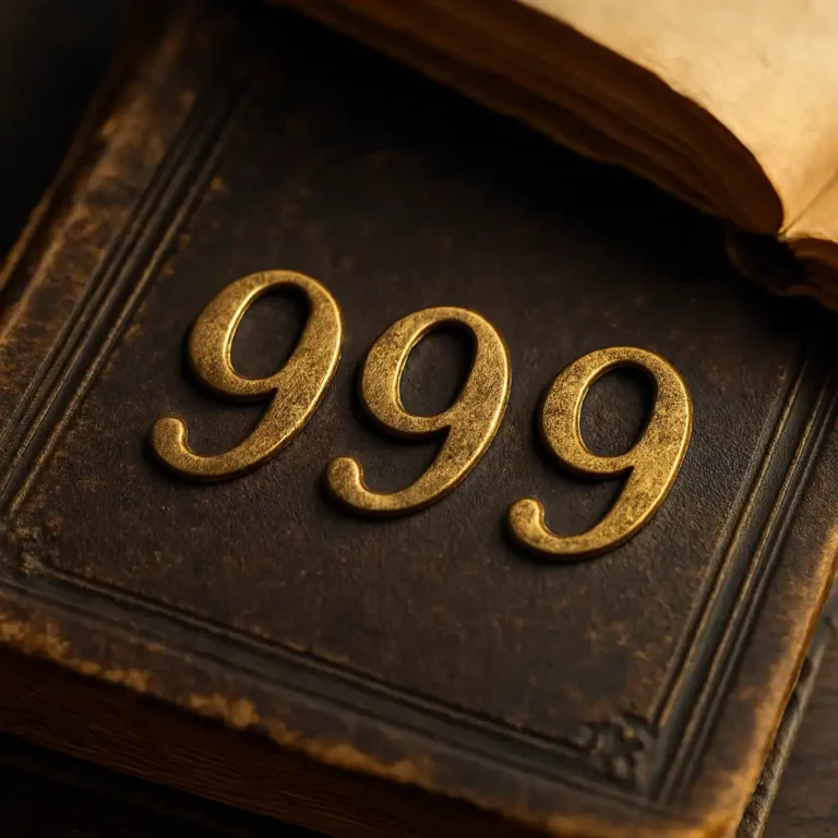 The number 999 embossed in aged gold on the cover of a worn leather book, with soft lighting revealing its antique texture.