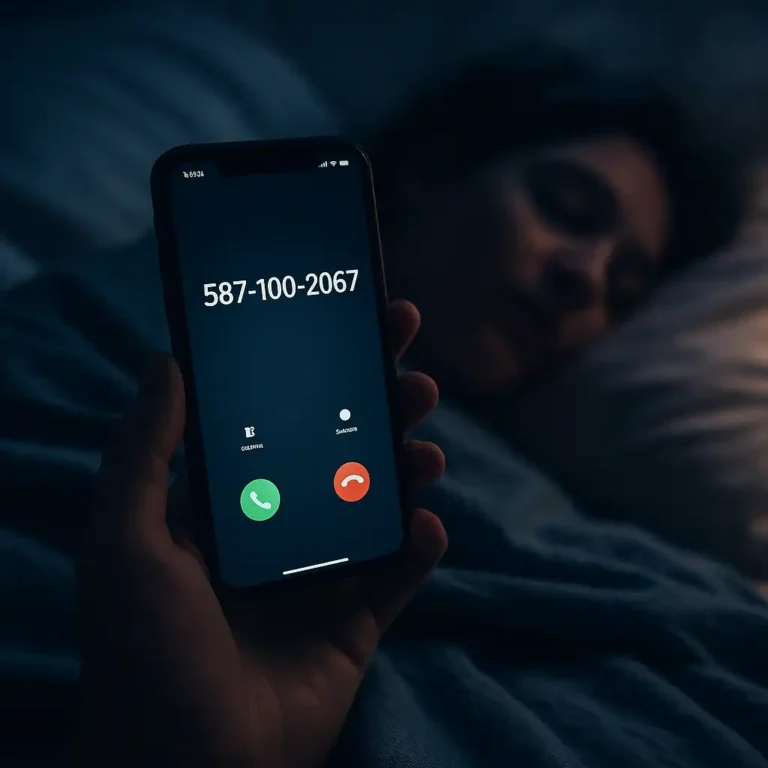 A hand holds a smartphone displaying an incoming call with the number "587-100-2067," while a person sleeps peacefully in the dimly lit background, suggesting a dream state.