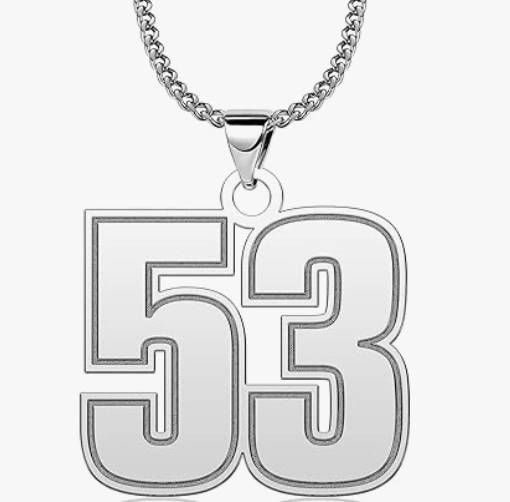 A silver pendant in the shape of the number 53, hanging from a silver chain against a clean white background.