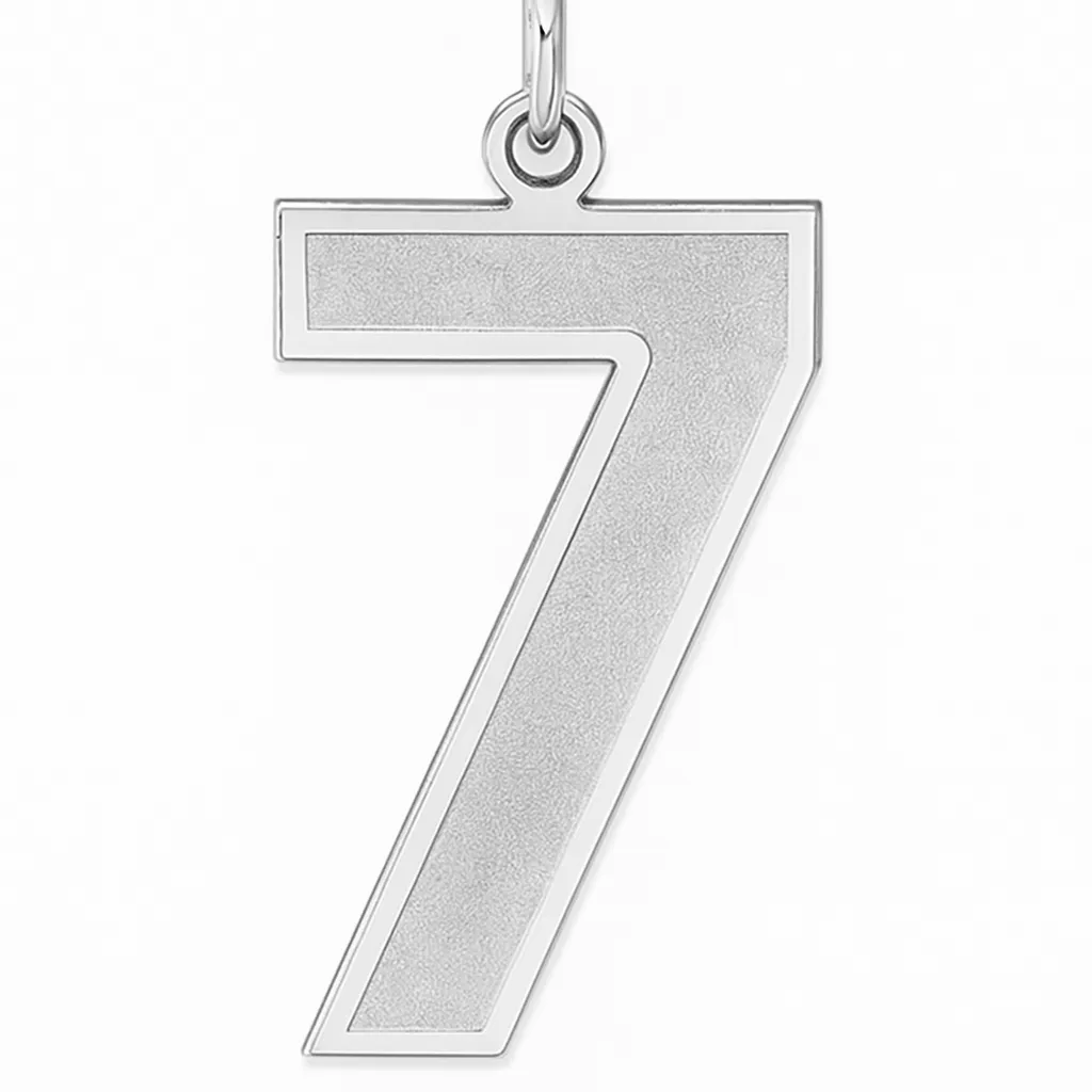 A silver number seven pendant with a matte finish and polished edges, hanging from a loop against a plain white background.
