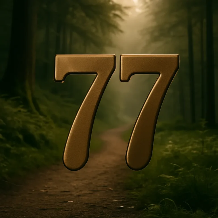 A bronze-colored number 77 standing upright on green grass, with soft sunlight filtering through trees in the background, creating a peaceful and reflective atmosphere.