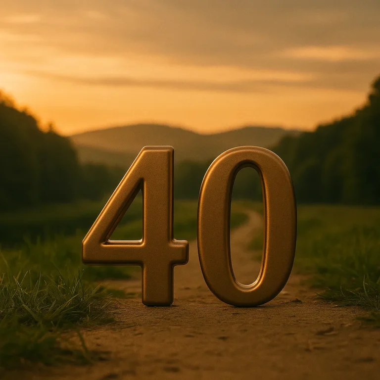 Golden number 40 standing upright on green grass at sunset, with warm natural lighting and a peaceful outdoor atmosphere