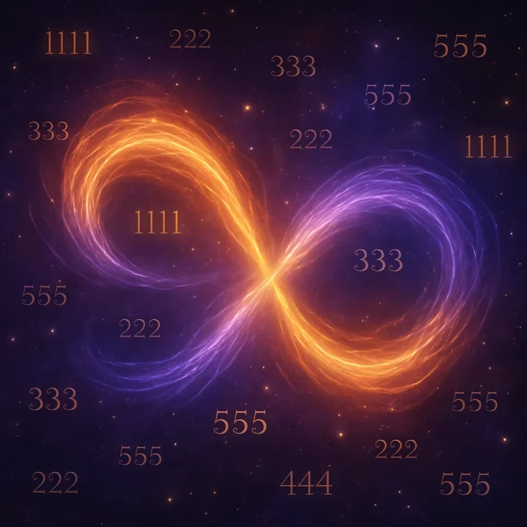 Celestial artwork featuring glowing angel numbers floating within a starry sky, with soft cosmic light and ethereal clouds creating a spiritual atmosphere.