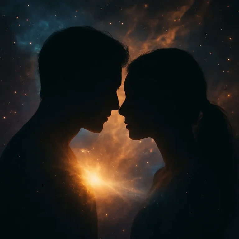 Two human silhouettes facing each other under a glowing sky, symbolizing a deep emotional and telepathic connection between twin flames.