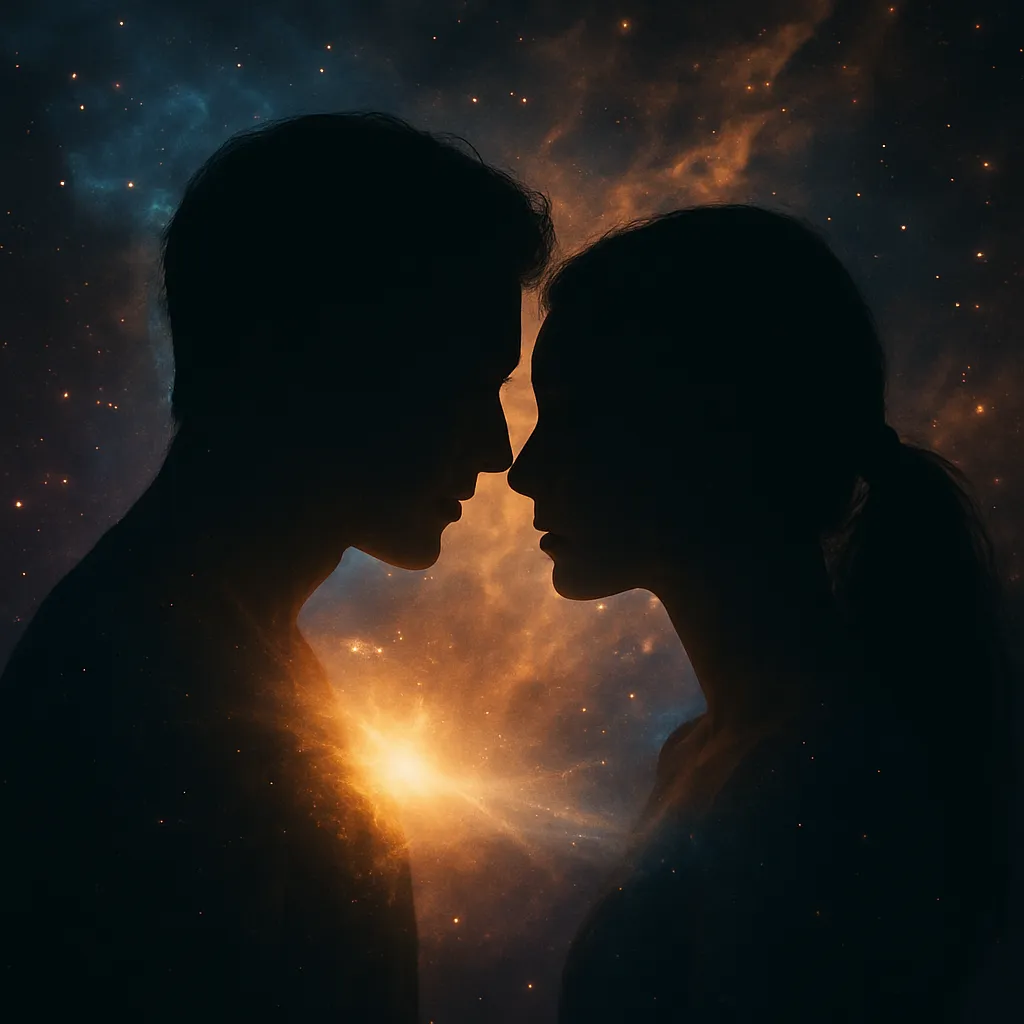 Two human silhouettes facing each other under a glowing sky, symbolizing a deep emotional and telepathic connection between twin flames.
