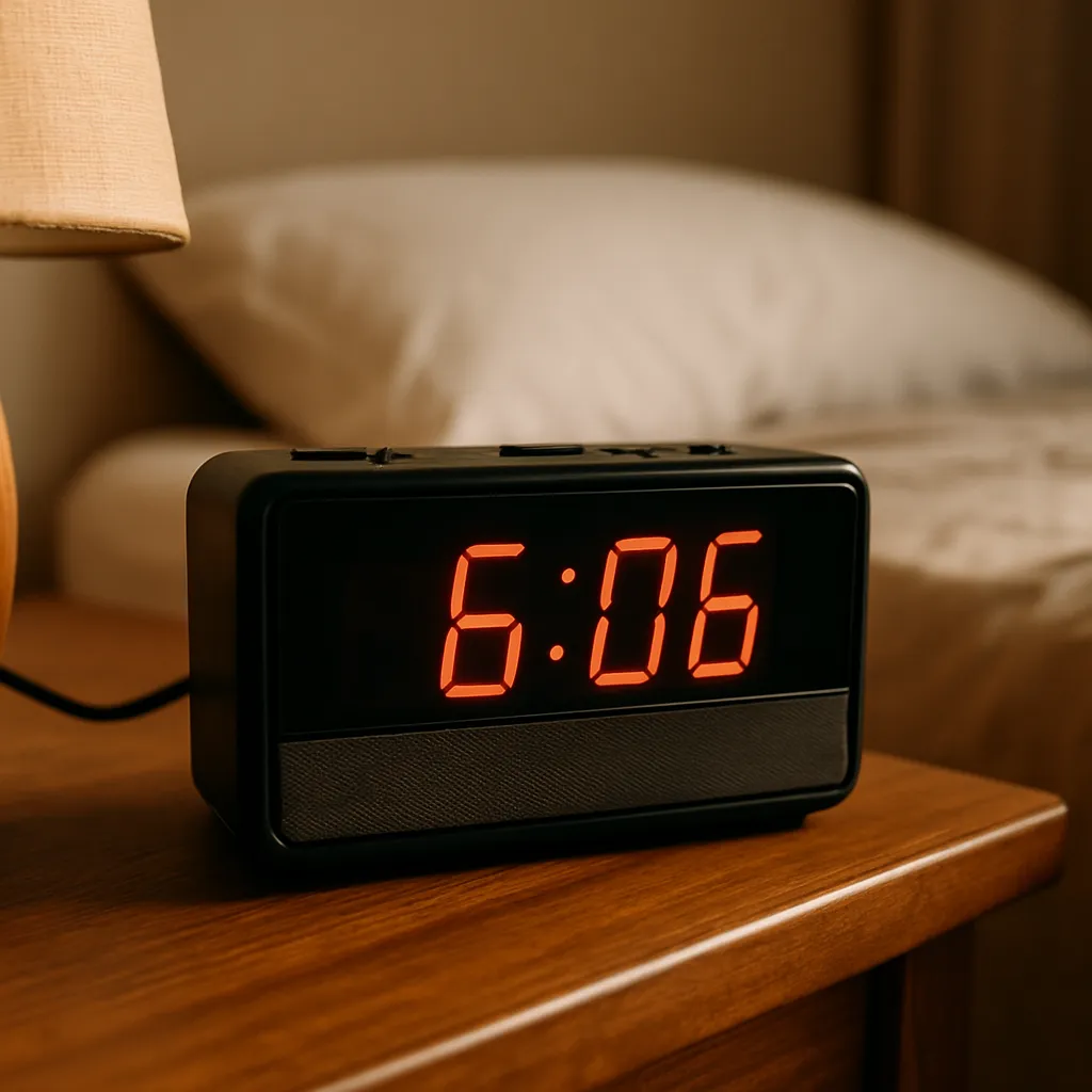 A photograph captures a close-up of a digital clock radio displaying the time 6:06, resting on a wooden bedside table beside a bed.