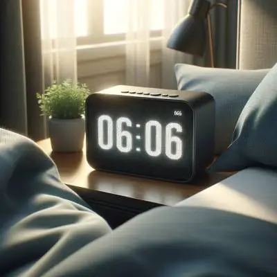 Digital alarm clock displaying 06:06 in a serene bedroom setting, suggesting themes of numerology and recurring number patterns.