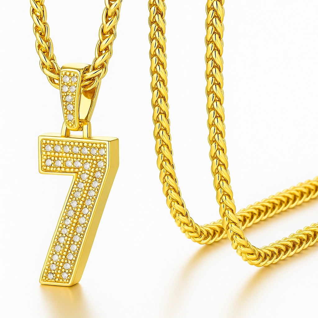 A gold necklace featuring a pendant shaped like the number 7, fully encrusted with small sparkling diamonds, displayed against a white background.